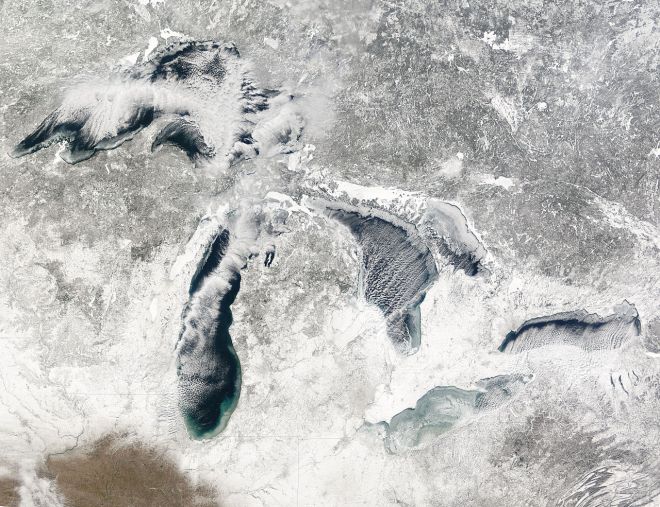 Satellite view of the frozen Great Lakes. Photo by NASA.